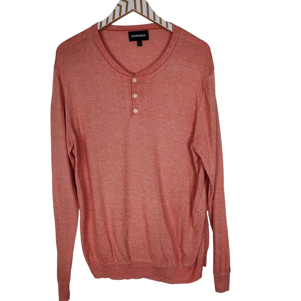 BONOBOS Sweater Mens Large Pink Red Stripe Lightweight Henley Long Sleeve Cotton
